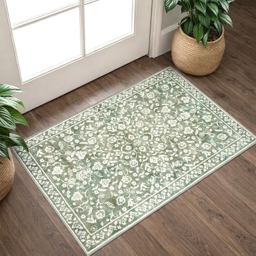 Vintage Entryway Rug Indoor, Sage Green Beige Washable Rug 2x3, Small Area Rug with Non-Slip Backing, Floral Print Thin Faux Wool Super Soft Door Mat for Kitchen, Entrance, Bedroom, Office - color: Muted Sage Green With Beige Accents, size: 2' x 3' (Recta