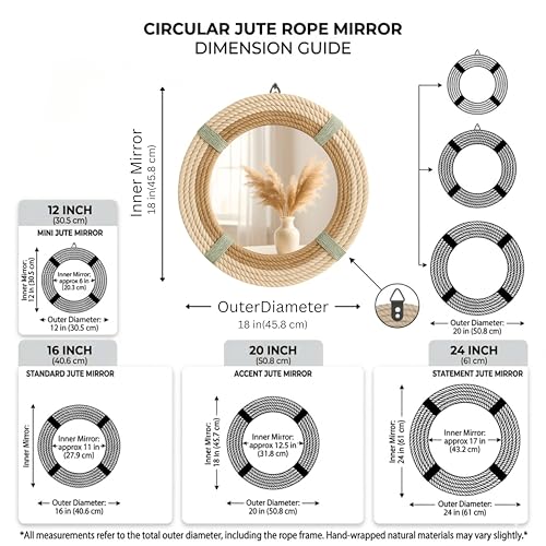 12" Inch Round Rustic Farmhouse Boho Shabby Chic Wall Hanging Mirror with Natural Jute Rope Decor Accent for Entryway, Bedroom, or Living Room (Color 2) - color: Color 2