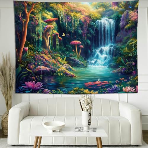 keowhsf Forest Waterfall Tapestry with Mushrooms and Flowers – Colorful Floral Plants Natural Landscape Wall Art, Fantasy Aesthetic Wall Hanging for Bedroom Decor - color: Waterfall, size: 60"L x 44"W