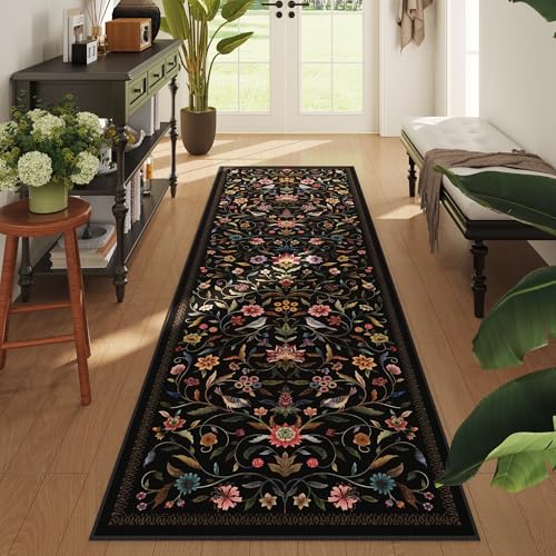 Vintage Medallion Floral Kitchen Runner 2x6, Machine Washable Rug, Soft Low Pile, Non-Slip Carpet for Hallways, Laundry, Bedroom, Bathroom, Entryway | Black - color: Black, size: 2' x 6' (Rectangular)