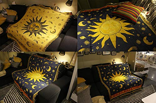 Erke Moon and Sun Throw Blanket Celestial Chair Recliner Cover Bed Spread Hippie Room Decor, Double Sided Cotton Woven Sofa Couch Furniture Aesthetic Witchy Throws - 50" X 70", Yellow/Blue - size: 50" x 70"