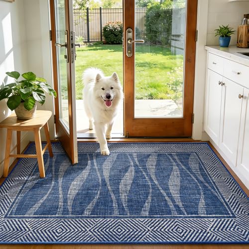 Jute Rug 3x5 Outdoor Patio Rug with Border, Washable Rugs for Entryway Porch, Farmhouse Non Slip Area Rugs with Rubber Backing, Non Shedding Carpet for Indoor Outdoor Bedroom, Courtyard, Blue - color: Blue, size: 3'x5'