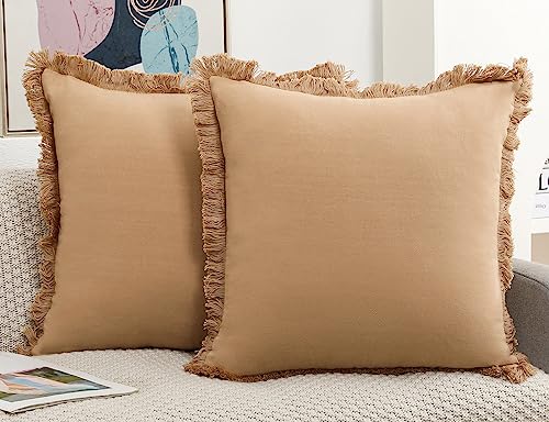NUYECY Set of 2 Natural Linen Fringed Throw Pillow Covers,Khaki Neutral Decorative Pillowcase with Chic Tassel Burlap Boho Square Cushion Covers for Couch Sofa Farmhouse,18x18 inches - color: Khaki, size: 18" x 18" (Pack of 2)