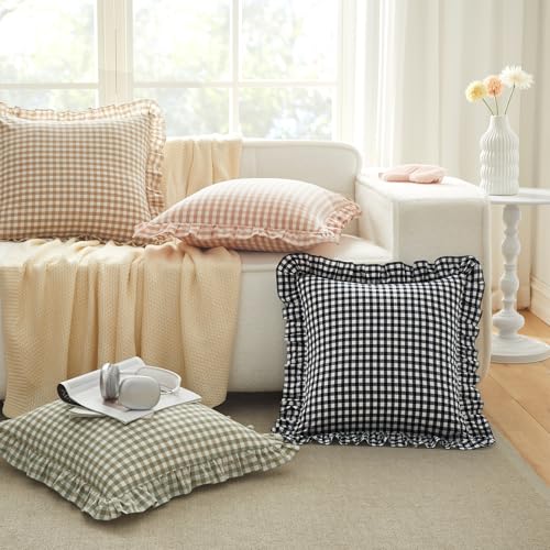 KKJIAF Ruffle Gingham Pillow Covers 20 x 20 Inches, Cotton Plaid Throw Pillow Shams Set of 2, Linen Feel Ruffled Plaid Pillow Cases with Envelope Closure for Sofa Bed (Black Plaid) - color: Black Plaid, size: 20" x 20" (Pack of 2)