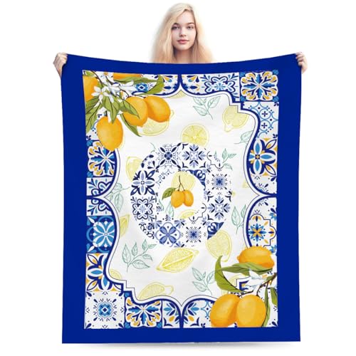 Summer Lemon Throw Blanket for Couch Chair Sofa Bed, Flannel Soft Watercolor Mediterranean Ceramic Tiles Floral Blanket for Bedroom Living Room Car, Warm Cozy Blankets for All Season 30"x 40" - color: Lemon04, size: 30X40 inch