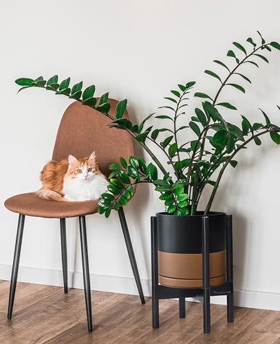 D'vine Dev Ceramic Planter with Ebony Stand - 10 Inch Modern Round Flower Pot with Wood Planter Holder, Black/Speckled Tan, 55-B-L-7 - color: Black/Speckled Tan Pot + Ebony Stand, size: 10 Inch