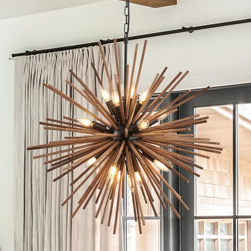 31.3" Farmhouse Sputnik Chandelier for Dining Room Rustic Handmade Natural Wood 16-Light Hanging Ceiling Pendant Light Fixture Starburst Wood Chandeliers for Kitchen Bedroom Foyer Hallway - size: Diameter 31.3", 16-Light