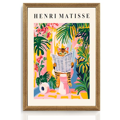 ICHZUMW Funny Tabby Cat Bathroom Wall Art, Framed Colorful Matisse Canvas Print Painting Artwork, Quirky Animal Reading Picture, Girly Pink Dopamine Wall Decor, Restroom Powder Room Bedroom, 16x24in - color: Matisse Reader, size: 24"L x 16"W