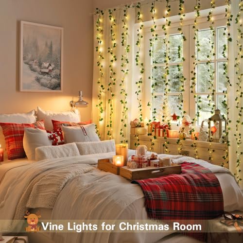 JMEXSUSS Vine Lights for Bedroom, 200 LED Vines Fairy Lights, Artificial Ivy Leaf Light for Wall Curtain Wedding Party Christmas Indoor Decor, 6.5ft x 6.5ft with Remote - color: Ivy, size: 6.5x6.5ft - 200 LED