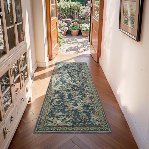 jinchan Eden Floral Washable Runner Rug 2x5 Vintage Hallway Rug Non-Slip Lightweight Soft Thin Kitchen Low Pile Distressed Blue Green Carpet for Bathroom Laundry Room Bedroom Entryway - color: Eden Dark Blue, size: 2' x 5' (Runner)