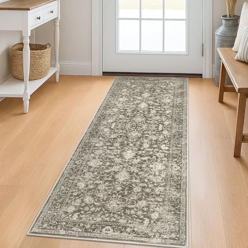 KILOCOCO Hallway Runner 2x5 Kitchen Runner Rug Printed Vintage Floral Washable Non-Slip Runners for Hallways Laundry Room Rugs Distressed Boho Rug Runners for Bedroom, Taupe - color: Taupe/Brown/White, size: 2' x 5' (Runner)