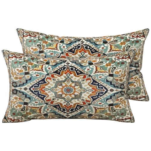 Boho Soft Velvet Throw Pillow Covers 12x20 in Vintage Moroccan Rug Tribal Pattern Pillowcases, Antique Ethnic Decor, Geometric Pattern Cushion Cover for Sofa Living Room, Blue, 2 Pack - color: Blue, size: 20" x 12" (Pack of 2)
