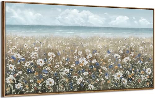 amatop Large Wall Art for Living Room Framed Boho Beach Coastal Floral Ocean Wall Picture Farmhouse Daisy Flower Sea Canvas Print Nautical Neutral Vintage Warm Artwork Home Bedroom Office Decor 48x24 - color: Coastal Flower Sea Art, size: 48"L x 24"W