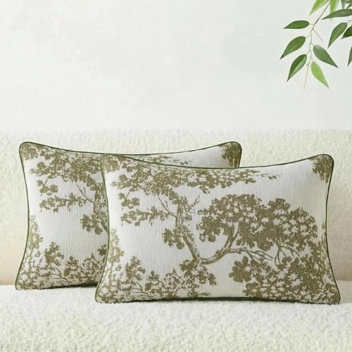Mantle & Mason Floral 12x20 Lumbar Pillow Covers Set of 2, French Vintage Woven Jacquard Decorative Accent Pillow Cases for Couch, 430GSM Thick Chenille & Luxury Velvet, Olive Green - color: Tree Pattern Olive Green, size: 20" x 12" (Pack of 2)