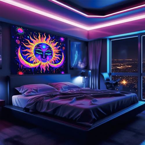 Starlit Patio Blacklight Tapestry UV Reactive Tapestries Sun Moon Wall Hanging Trippy Neon Glowing Tapestry for Bedroom Living Room Dorm Decor Aesthetic Hippie Art Boho Wall Bohemian Poster - color: Sun Moon