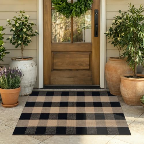 KIMODE Front Door Mat 27.5"x43",Black and Tan Checkered Outdoor Rug,Farmhouse Fall Front Porch Rug Decor,Cotton Woven Washable Layered Doormats for Front Door Outside Entrance - color: Black/Brown, size: 2'4" x 3'7" (Rectangular)