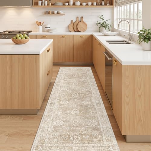 Madane Washable Runner Rug 2x5 with Non-Slip Rubber Backing, Vintage Kitchen Hallway Rug Soft Low Pile Throw Carpet Runner for Entryway Laundry Bathroom Bedroom Living Room (2 x 5, Beige/Brown) - color: Beige/Brown, size: 2' x 5' (Runner)