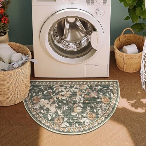 jinchan Eden Botanical Vintage Washable Small Area Rug, 2x3 Half Circle Floral Entryway Rug, Low Pile Soft Non Slip Doormat Dirt Trapping Carpet for Entrance Kitchen Bathroom Vanity, Green - color: Eden Green, size: 1'9" x 3' (Semicircular)