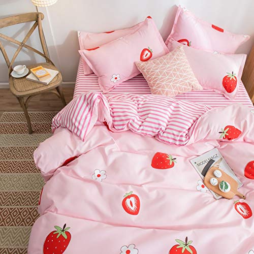 Girls Pink Strawberry Duvet Cover Set Sweet Floral Print Comforter Cover Set Cute Fruit Theme Bedspread Cover with Zipper,Luxury Reversible Stripes Bedding(Queen) - color: Multi 47, size: Queen