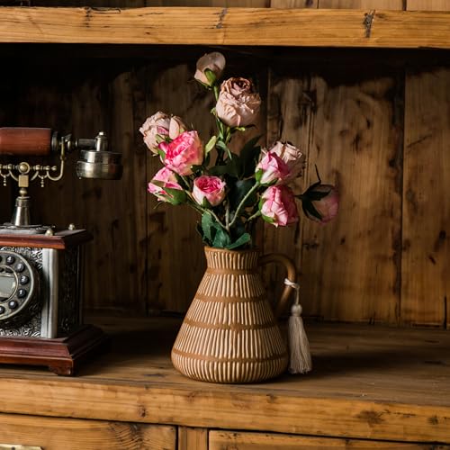 Mowtanco Rustic Farmhouse Vase with Handle and Tassel, Vertical Stripes Terracotta Pottery - Vintage Ceramic Clay for Home Décor, Shelf, Table, Bookshelf, Mantle, Entryway - color: Yellow - Tassel