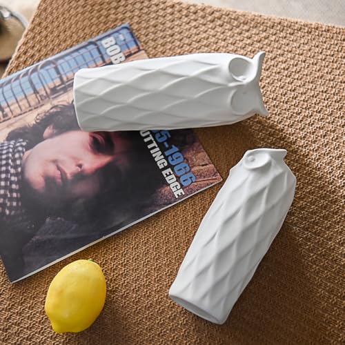 Owl Ceramic Vase Set of 2 for Living Room Bedroom 9.45'' and 8.27'' Modern White Fake Flower Plant Vases for Home Decor Office Table Shelf Fireplace Retro Rustic Farmhouse Vintage Classic Gift - color: White