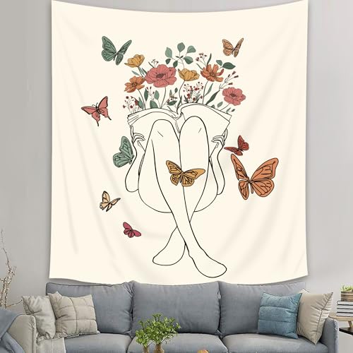 SVBright Abstract Woman Fabric Wall Hanging Tapestry 51Wx59H Inch Boho Butterfly Floral Reading Book Minimalist Aesthetic Modern Simple Line Sketch Beige Home Decor Art for Living Room Bedroom Dorm - color: Abstract Woman（Beige）, size: 59"L x 51"W
