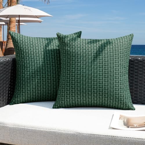Kevin Textile Outdoor Waterproof Throw Pillow Covers Pack of 2 Farmhouse Decorative Cushion Covers for Garden Patio Tent Balcony Bench Couch Sofa 16x16 Inch, Dark Green - color: Dark Green, size: 16" x 16" (Pack of 2)