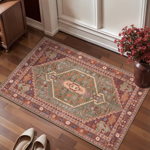 Ciicool Small Area Rug, 2x3ft Boho Rug, Ultra Soft Entry Rugs for Entryway, Non-Slip Washable Rugs Oriental Low-Pile Indoor Mat Floor Carpet for Entrance Bedroom Kitchen Bathroom Foyer Decor - color: Terracotta/Green, size: 2' X 3' (Rectangular)