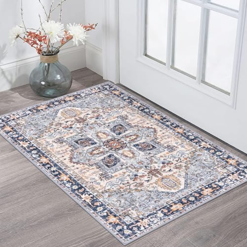 KOZYFLY Small Area Rug 2x3 Ft Rugs for Entryway Washable Boho Entry Rug Non Slip Door Mat Indoor Entrance Faux Wool Vintage Printed Kitchen Rug Throw Rugs for Entrance Kitchen, Blue Gray/Cream - color: Blue Gray/Cream, size: 2' x 3' (Rectangular)
