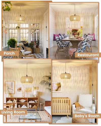 Rattan Boho Hanging Light,12.6'' Natural Hand Woven Fabric Drum Light,Plug Into Wall Outlet Pendant Light Fixture On/Off Switch for Dining,Living Room,Bedroom,Kitchen,Hallway Entryway, Without Bulb - size: 12.59'' x 6.49''