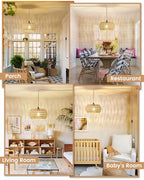 Rattan Boho Hanging Light,12.6'' Natural Hand Woven Fabric Drum Light,Plug Into Wall Outlet Pendant Light Fixture On/Off Switch for Dining,Living Room,Bedroom,Kitchen,Hallway Entryway, Without Bulb - size: 12.59'' x 6.49''