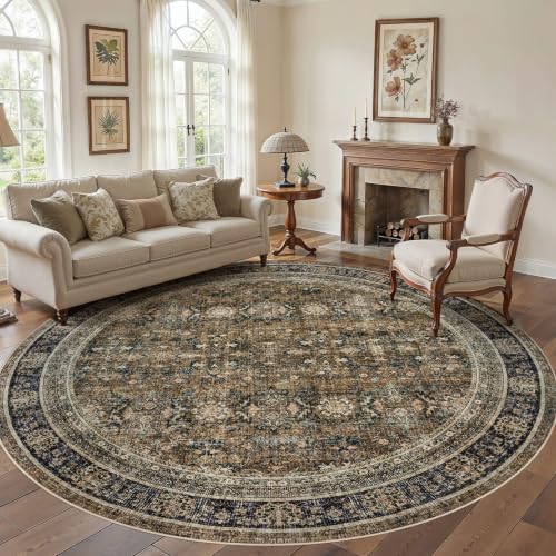 WITSHOCK 10ft Round Area Rugs for Living Room: Washable Vintage Rug Retro Antique Distressed Dark Large Non Slip Low Pile Soft Boho Indoor Floor Carpet for Bedroom Dining Room Home Decor, Brown Olive - color: Brown/Olive Green/Purple, size: 10' (Round)