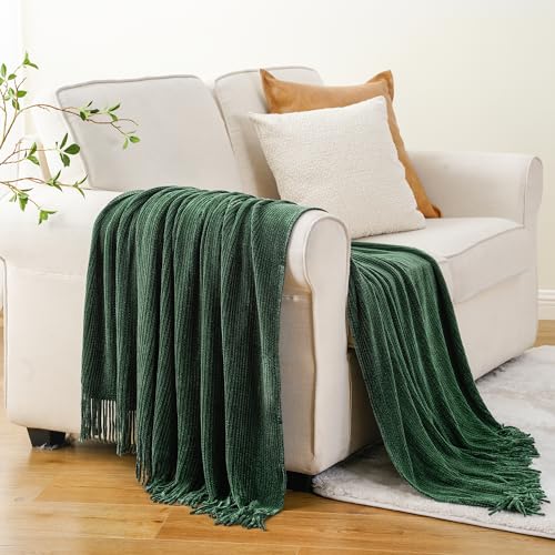 BATTILO HOME Dark Green Throw Blanket for Couch, Soft Chenille Knit Throws with Tassels for Home Decor, Spring Green Throws for Couch Cover, 50"x60" - color: Dark Green, size: 50 x 60 in.