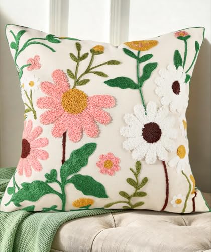 Embroidered Throw Pillow Cover - 18x18 Decorative Pillow Cover with Zipper Aesthetic Cute Design Boho Spring Summer Cozy Throw Pillowcase for Living Room Couch Sofa Bed, Pink White Flower - color: Pink-white-flower, size: 18" x 18" (Pack of 1)