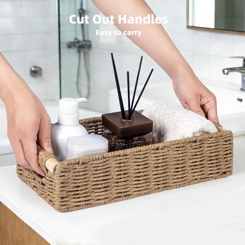 CubesLand Back of Toilet Storage Basket for Organizing w/Cut Out Handle, Handwoven Toilet Tank Top Paper Baskets, Small Wicker Decorative Basket for Countertop, Home, Living Room, Nursery, Neutral - color: Neutral, size: S-12.99" (L) X 6.29" (W) X 3.15" (