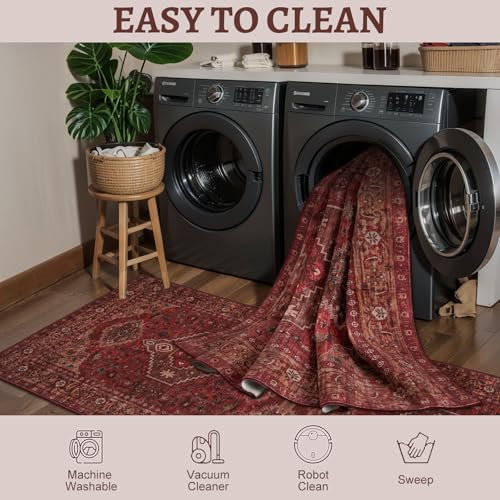 Tangsoo Red Oriental 2x5 Washable Runner Rug for Hallways, Non Slip Boho Runner Rug, Vintage Soft Low Pile Long Rug Runner, Carpet Runners for Kitchen Bedroom Entryway Bathroom Living Room Dark Red - color: Dark Red, size: 2' X 5' (Runner)