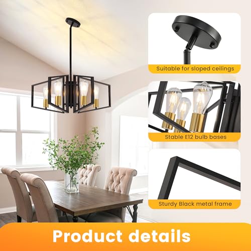 WJShome 4-Light Black and Gold Chandelier, Farmhouse Ceiling Light Fixtures, Dining Room Light Fixtures Over Table, Hanging Geometric Pendant Lights, for Kitchen Island, Bedroom, Foyer, Entryway - color: Black & Gold