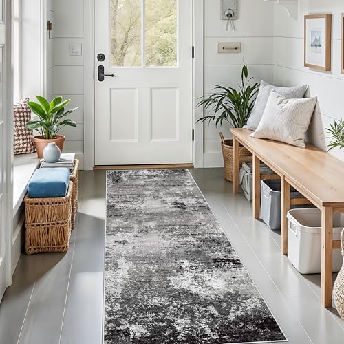 2x6ft Washable Kitchen Runner Rug – Non-Slip Low-Pile Floor Carpet Runner for Indoor Hallway, Bedroom, Bedside & Entryway, Modern Abstract Neutral (Black Grey,2x6) - color: Black Grey, size: 2' x 6' (Rectangular)