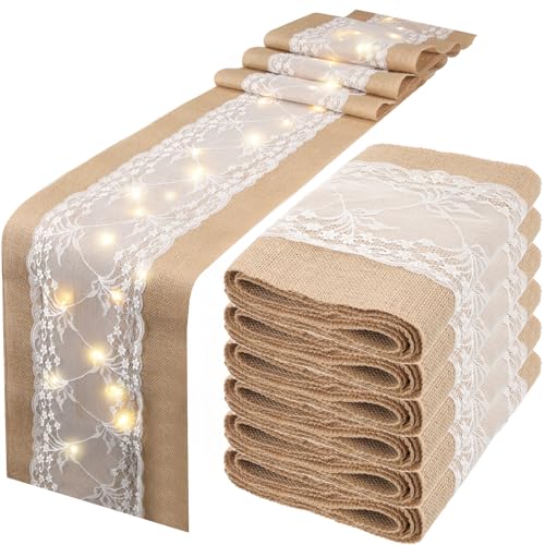 Xinnun 6 Pack Burlap Table Runner with Warm LED Lights,Rustic Lace Wedding Table Decor,Boho Farmhouse Jute Runner for Reception Bridal Shower Party(Fashion,12x70 Inches) - size: 12x70 Inches, style: Fashion