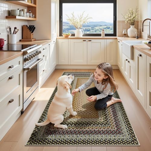 Ileading Faux Braided Area Rug 3'x5' Washable Farmhouse, No-Shed Non-Slip Woven Carpet, Pet Friendly Stain Resistant Jute Style Rug for Kitchen Bedroom Bathroom Entryway - color: Multi Color-yellow, size: 3' x 5'(Rectangular)