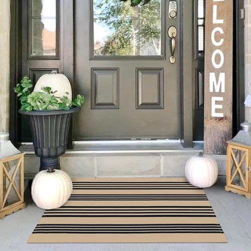 IOHOUZE Black and Tan Striped Rug 2'x3' Front Door Rugs Outdoor, Small Washable Area Rug for Front Porch, Spring Summer Welcome Mats Outdoor Indoor, Doormat for Entryway Porch Entrance - color: Black and Tan Stripe, size: 2' x 3' (Rectangular)