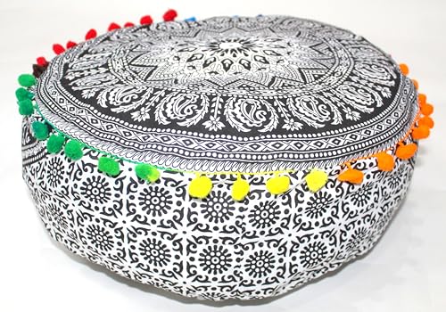INDIAN CRAFT CASTLE ICC Mandala Barmeri Large Floor Pillow Cover Cushion Meditation Seating Ottoman Throw Cover Hippie Decorative Zipped Bohemian Pouf Ottoman Cases Black Elephant 18" Round - color: Black and White, size: 18"D x 18"W x 5"H