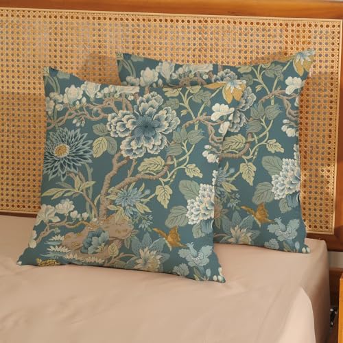Chinoiserie Throw Pillow Covers 18x18 Inch 2 Pcs Green Blue Teal Floral Decor Pillow Covers Vintage Flower Spring Summer Outdoor Seasonal Decorative Pillowcase Linen Cushion Cover for Couch - color: Chinoiserie Green Blue Teal Floral, size: 18" x 18" (Pac
