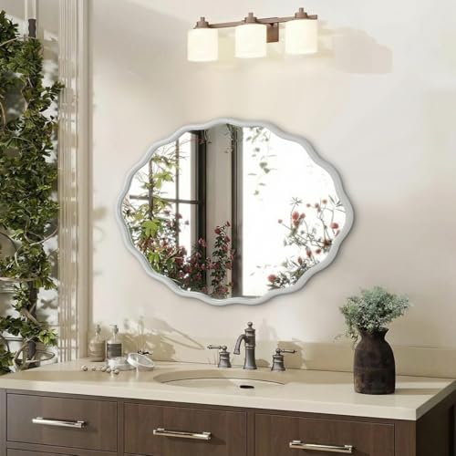 Oval Bathroom Mirror White Wall Mounted Large Decorative Wall Mirror for Living Room, Bedroom, or Entryway – Vintage Sunburst Design with Beveled Detailing – Wavy Frame Vanity Mirror - color: White