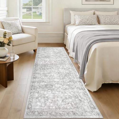 2x8 Hallway Runner Rug: Washable Vintage Floral Entryway Rugs Low Pile Non-Slip Boho Carpet for Kitchen, Bedroom, Bathroom, Dining Room (Grey, 2'x8') - color: Grey, size: 2' x 8' (Rectangular)