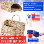Patriotic Woven Hanging Basket Decor 4th of July Front Door Basket with American Stick Flag Star Stripe Ribbon Hanging Flower Arrangement for Independence Day Farmhouse Garden(Flower Not Included)