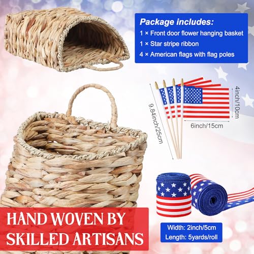 Patriotic Woven Hanging Basket Decor 4th of July Front Door Basket with American Stick Flag Star Stripe Ribbon Hanging Flower Arrangement for Independence Day Farmhouse Garden(Flower Not Included)