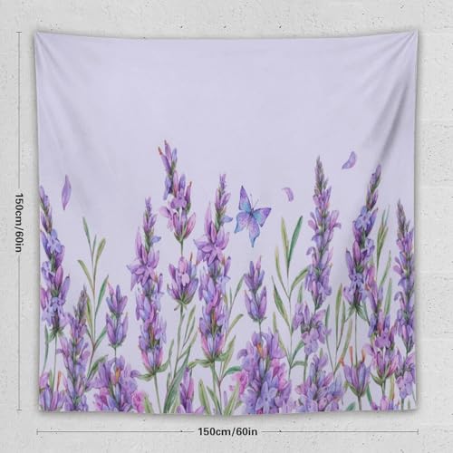 HZOHNAGO Lavender Flower Tapestry Watercolor Purple Floral Butterfly Pattern Printed Wall Tapestry Wall Hanging for Bedroom Living Room Dorm 60" W x 60" H - color: Lavender-10, size: 60"L x 60"W
