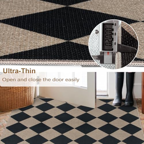 Rugalia Easy Jute Checkered Entryway Rug, 2x3 Black Modern Indoor Outdoor Doormat, Washable Non-Slip Neutral Small Kitchen Rug Farmhouse Diamond Throw Rugs for Entrance Bedroom Bathroom - color: Black Checkered, size: 2' x 3' (Rectangular)