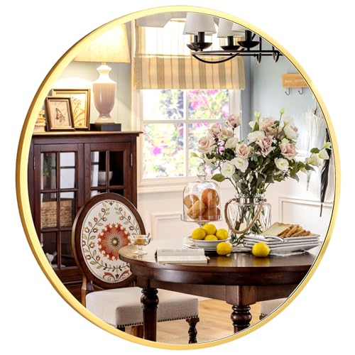 XRAMFY 30 Inch Round Mirror - Circle Mirrors for Bathroom, Entryway and Living Room Wall Decor, Modern Hanging Vanity Mirror, Matte Gold Circle Decorative Wall Mirror - color: Round-gold, size: 30"L x 30"W